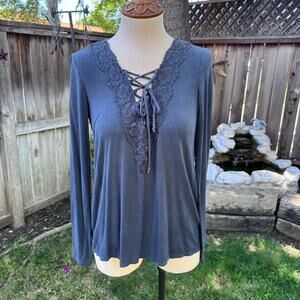 American Eagle Soft & Sexy T Women's S Lace Up Long Sleeve Top Dark Gray V Neck